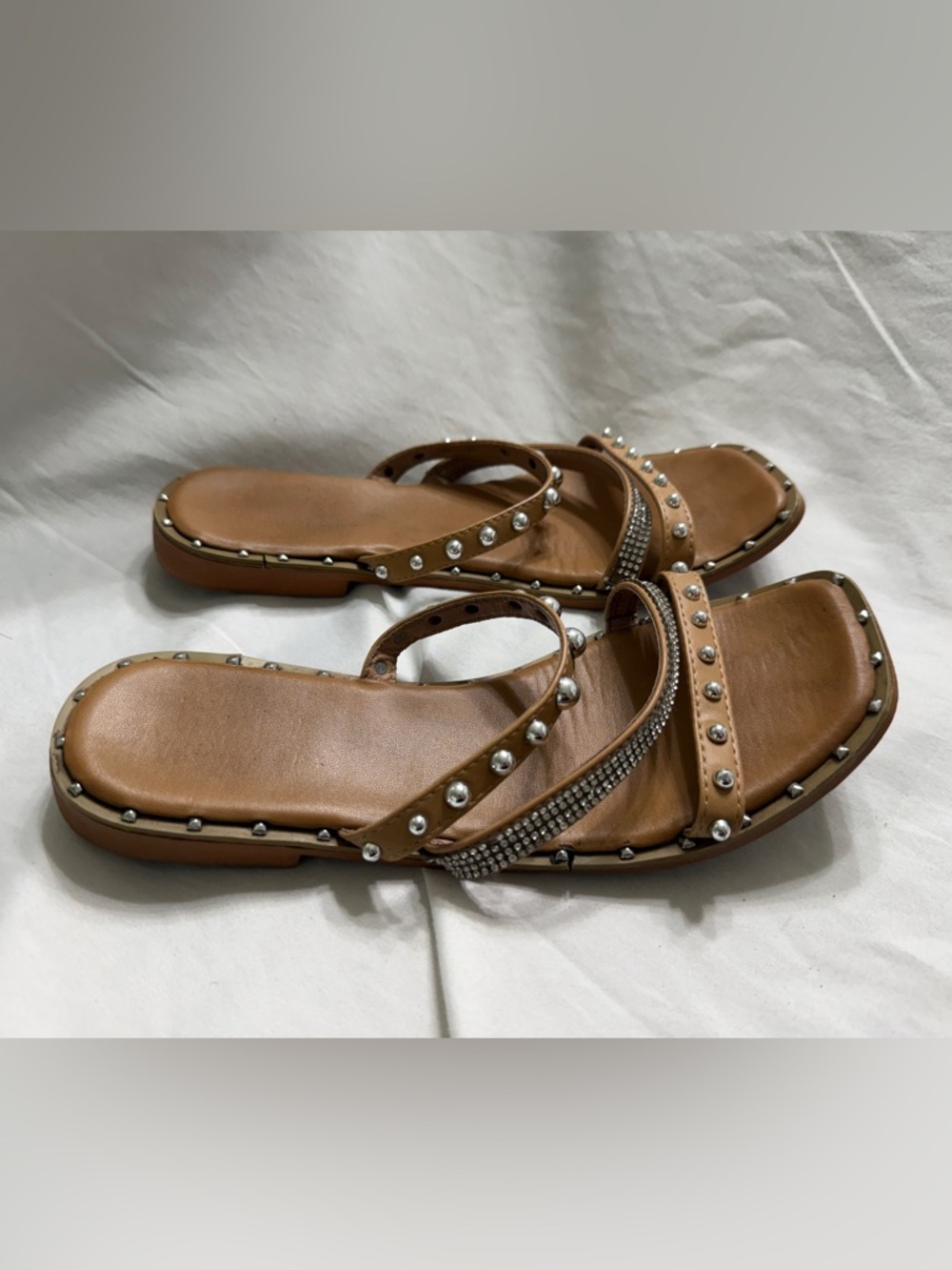 Nicole Miller Brown Studded Sandals Rhinestone Strappy Slides Women’s Size 7.5